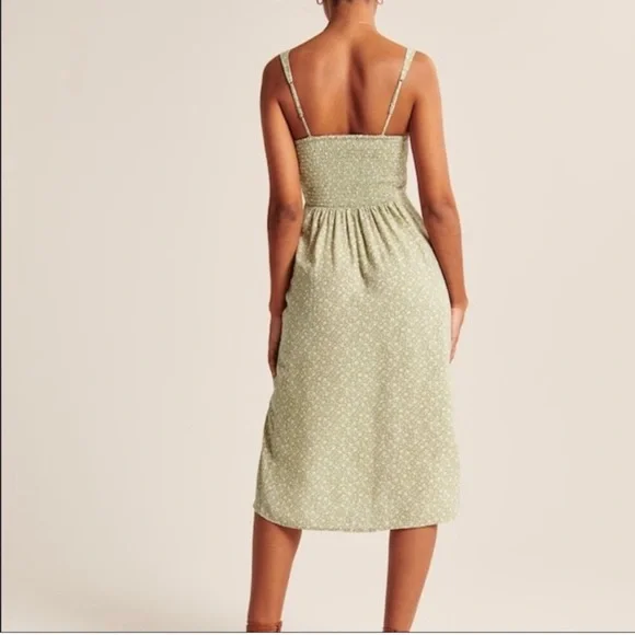 Abercrombie & Fitch Slip Dress M Green Floral Midi Smocked Dainty Slit M Cottage - Picture 2 of 14